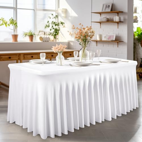 Wish Care 6 Pack White Spandex Table Clothes for 4 Foot Rectangle Tables, 4FT Wrinkle Free Fitted Tablecloths Ruffles Design Table Cover for Party, Banquet, Wedding and Events - Image 5