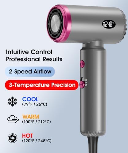 Hair Dryer, Travel Dual Voltage Ionic Blow Dryer for 120000 RPM Fast Drying, Compact Lightweight Hair Dryer with Magnetic Diffuser for Home & Travel, Portable Hairdryer International 110-240V（Gray） - Image 4