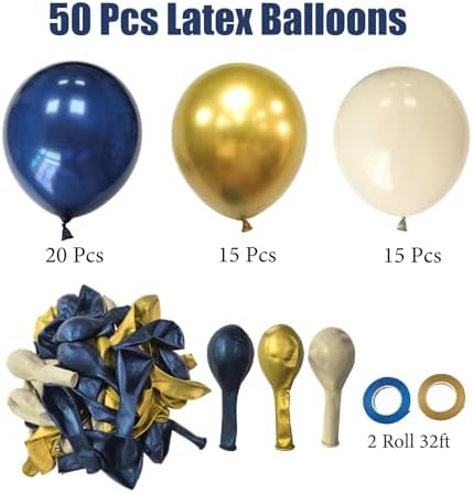 Navy Blue and Gold Party Balloons, 50 Pcs 12 Inches Navy Blue Gold Sand White Latex Balloon for Birthday,Baby Shower,Graduation,Retirement Party Decorations - Image 7