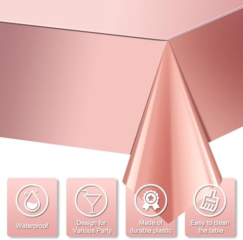 6 Pack Rose Gold Plastic Tablecloth, Dusty Pink Disposable Rectangle Table Covers, Holographic Metallic Foil Tablecloth Rose Party Supplies Decorations for Birthday Wedding Bachelorette, 54x108Inch - Image 3