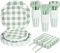 175 PCS Sage Green Gingham Plates and Napkins, Green Checkered Disposable Plates Set with Napkins Cups Plastic Spoons Forks Knives for Dinner Birthday Baby Shower Wedding Supplies Serve 25 Guests by WNINK