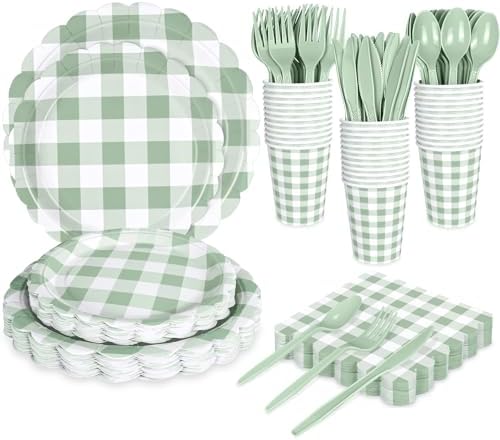 175 PCS Sage Green Gingham Plates and Napkins, Green Checkered Disposable Plates Set with Napkins Cups Plastic Spoons Forks Knives for Dinner Birthday Baby Shower Wedding Supplies Serve 25 Guests by WNINK
