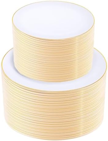 KIRE 200PCS Gold Plastic Plates - Disposable Plates for Party - White Plastic Plates with Gold Rim Include 100 for Dinner and 100 for Dessert/Salad in Wedding/Party/Halloween/Thanksgiving by KIRE