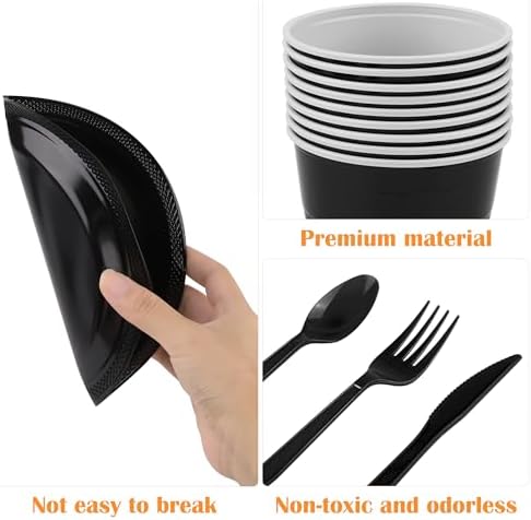 Aodaer 400 Pieces Black Party Supplies Disposable Dinnerware Set Include Plastic Plates Cups Knives Forks Spoons Paper Napkins for Birthday Wedding Graduation Parties, Serve 50 Guests - Image 3