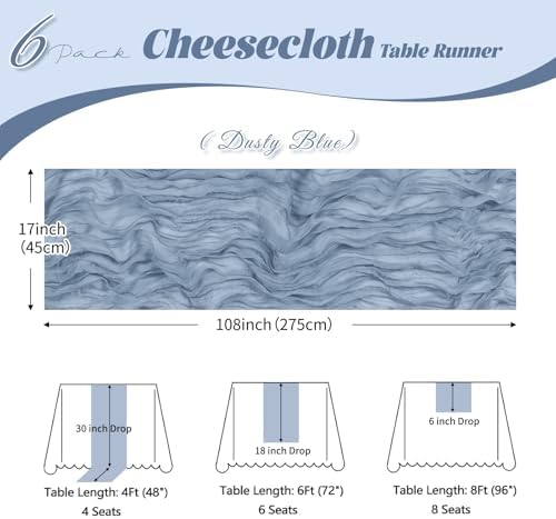 6 Pack Dusty Blue Cheesecloth Table Runner, 17 x 108 inch, Semi Sheer Boho Cheese Cloth Fabric Table Runner Bulk for Wedding, Birthday, Party, Holiday, Home Decor (Dusty Blue) - Image 3