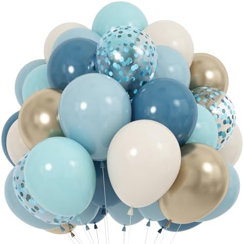 60 Pack Dusty Blue Gold Balloons, Slate Blue White Sand Teal Turquoise Crem Beige Latex Balloon Set Confetti Helium Balloon for Birthday Boho Baby Boy Shower Wedding Party Decorations by Jobkoo