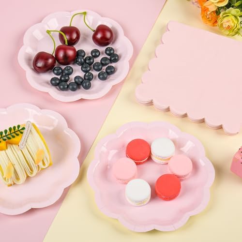 100 PCS Pink Paper Plates and Napkins Set, Tableware Set Include 7 inch Scalloped Pink Paper Plates and Napkins Serves 50 for Baby Shower, Bridal shower，Wedding, Birthday, Mother Day - Image 6