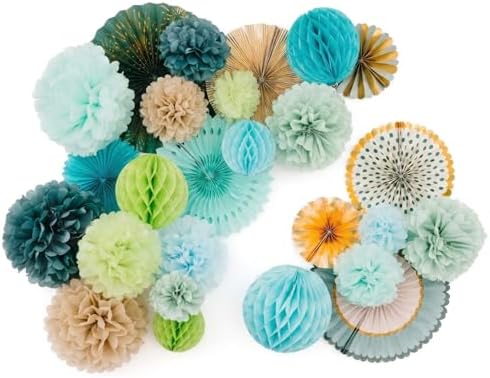 PapaKit 26pc Deluxe Large Sage Green & Gold Party Decoration Set - Premium Paper Fans, Honeycomb Balls & Pom Poms Backdrop - Party Wall Decor for Baby Shower, Wedding, Birthday, & Bridal Shower - Image 3
