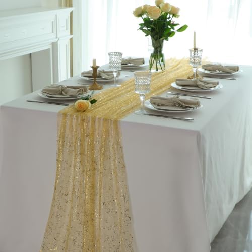 3Pcs Champagne Gold Table Runner Sparkling Metallic Foil Sheer Gauze 10ft - Image 5