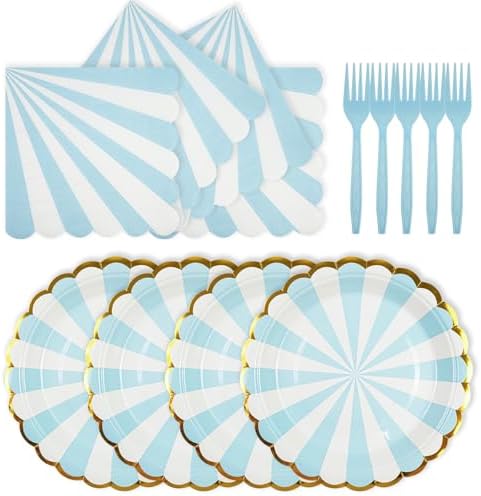 72PCS Blue Paper Plates and Napkins Party Supplies, Gold Foil Edge Scalloped Striped Paper Plates Napkins Disposable Tableware Set for Birthday Wedding Baby Shower Party Decoration (Blue) by Unknown