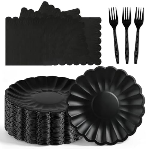 75 Pcs Black Paper Plates and Napkins, Tableware Set Serve 25 Guests by Unknown