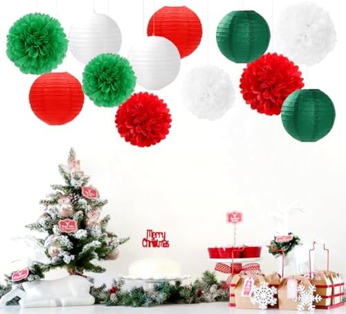 Red-Green White Party-Decorations Christmas Flowers Lanterns - 15PCS Italian Mexican Independence Day Paper Tissue Pom Poms Streamers,Mexico Italy Birthday Baby Shower Wedding Hanging Decor Hugfond - Image 4