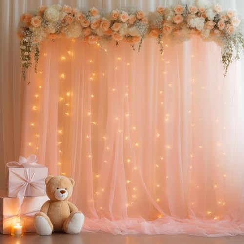 30ft x 10ft Peach Backdrop Curtain with Lights String for Parties, Sheer Tulle Wedding Photo Backdrops Drapes for Baby Shower Birthday Party Decorations Background for Photography - Image 6