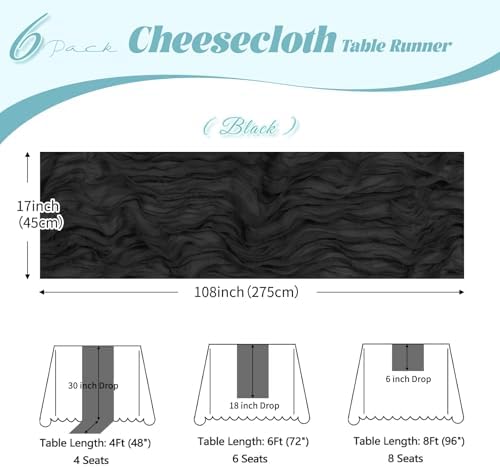 6 Pack Black Cheesecloth Table Runner, 17 x 108 inch, Semi Sheer Boho Cheese Cloth Fabric Table Runner Bulk for Wedding , Birthday, Party, Holiday, Home Decor (Black) - Image 3