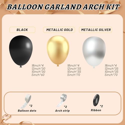 412Pcs Black Gold Silver Balloons Garland Arch Kit,18 12 10 5 Inch Different Size Latex Balloons for Graduation Birthday Wedding Party Decorations - Image 2