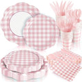 168Pcs Pink Gingham Scalloped Paper Plates and Napkins Set for 24 Guests by OuMuaMua