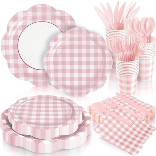 168Pcs Pink Gingham Scalloped Paper Plates and Napkins Set for 24 Guests by OuMuaMua