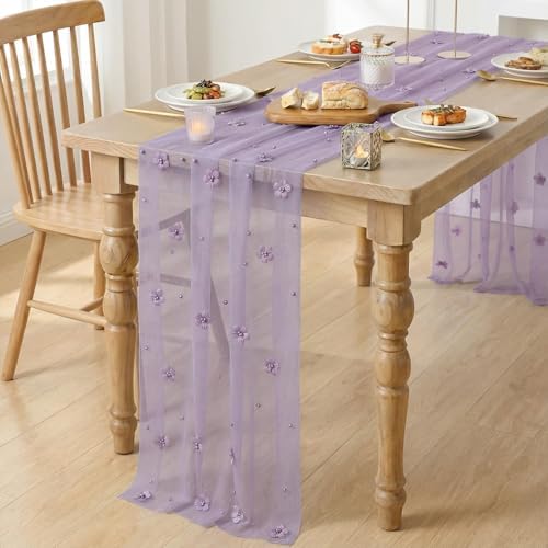 Artoid Mode Purple Flower Pearl Purple Gauze Table Runner 10FT, Seasonal Sheer Dining Holiday Wedding Birthday Baby Shower Table Decor for Home Party - Image 6