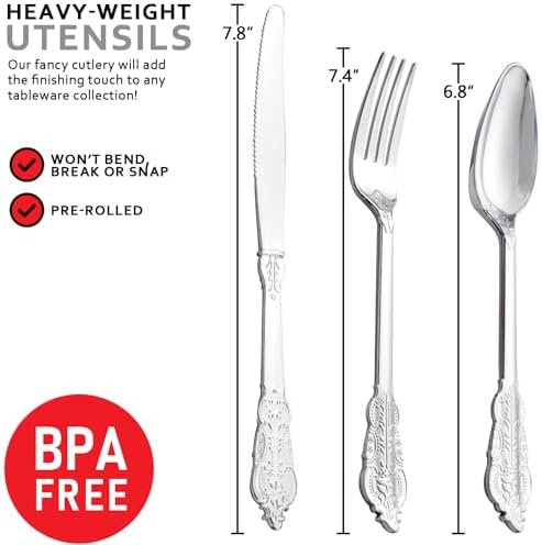 50Guests Pre Rolled Silver Plastic Silverware Sets - Heavy Duty Silver Cutlery - Include 50 Pack Wrapped Disposable Utensils with Napkins for Parties & Dinners & Weddings - Image 2