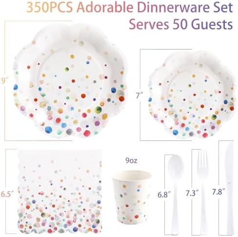 Colorful Birthday Plates and Napkins 350PCS Confetti Colorful Paper Plates Happy Birthday Disposable Tableware Set Serve 50 for Art Paint Party Supplies Bubble Decorations - Image 2