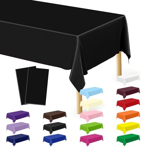 2 Pack Picnic Table Cover, 108 x 54 Inches Black Plastic Tablecloth, Decorative Black Rectangle Tablecloth Disposable Tablecover Party Table Cloth, Waterproof Decor Party Supplies for Outdoor Indoor by QZYL