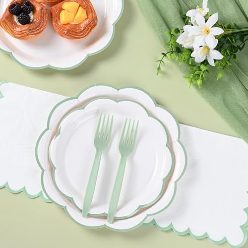 96 Pcs Sage Green and White Paper Plates and Napkins Set Serve for 24 Guest - Image 5