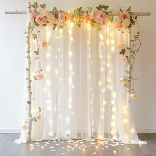 10 FT x 8 FT White Backdrop Curtain - Tulle Backdrop Curtain with 9.8FT Lights String - Sheer Backdrop Curtains with 4 Inch Rod Pockets for Birthday Weddings Baby Shower Celebration Party Decorations by Creativepartyuniquedecorat