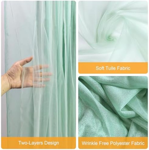 Tulle Backdrop Curtain with Lights Green Sheer Curtains Backdrop 10x10ft - Image 3
