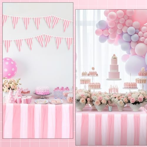 Remagr 6 Pack Pink Carnival Table Skirt Party Decorations Pink and White Striped Table Skirts Disposable Carnival Decorations for Circus Party Decor Wedding Baby Shower Supplies, 29" x 14 ft - Image 5