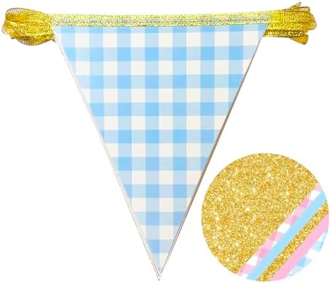 Pink and Blue Buffalo Plaid Gold Party Decorations Pennant Banner Flag Hanging Glitter Paper Triangle Bunting for Birthday Wedding Bridal Shower He or She Pink or Blue Party Supplies - Image 3