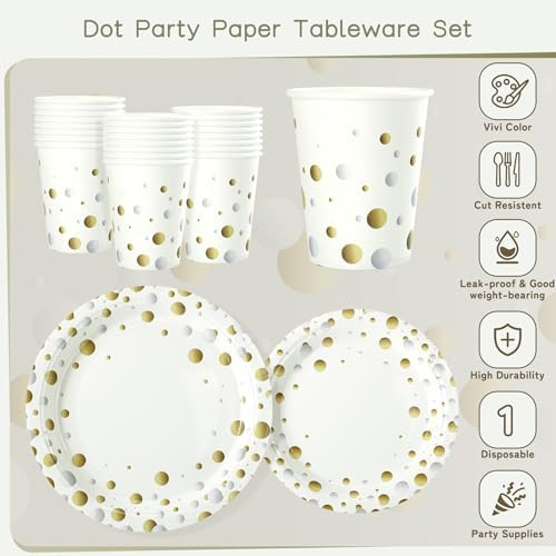 White and Gold Dots Party Plates,168PCS Birthday Tableware Party Supplies - Image 3