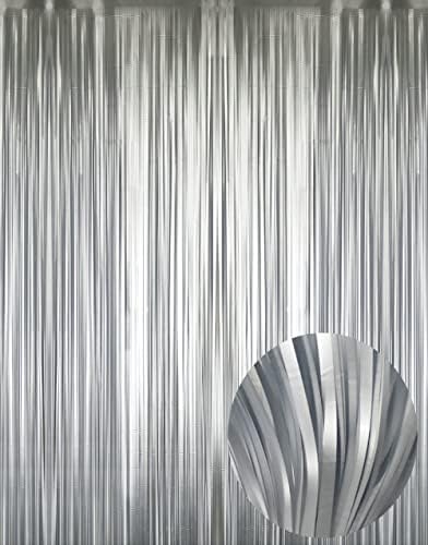 GOER 3.2 ft x 8.2 ft Metallic Tinsel Foil Fringe Curtains Party Photo Backdrop Party Streamers for Birthday,Graduation,New Year Eve Decorations Wedding Decor (3 Pcs,Matte Silver,Thick Material) by GOER