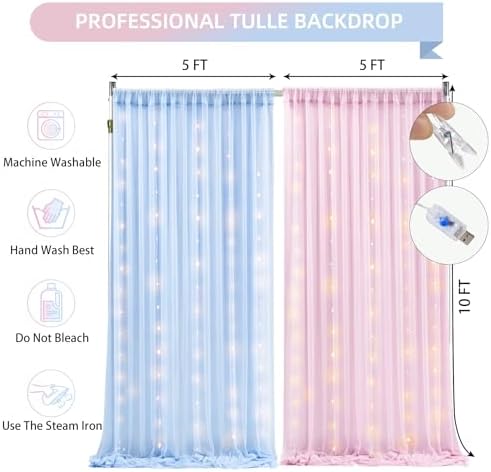 10×10ft Pink Blue Tulle Backdrop Curtain with Lights String for Parties, Sheer Photo Backdrop Curtains for Wedding Party Photography Background - Image 3