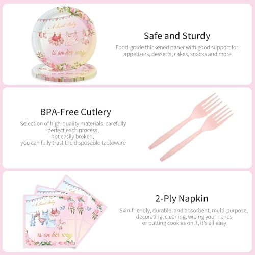 75PCS Floral Baby Girl Shower Plates and Napkins Decorations Party Favors, 7Inch A Sweet Baby Is on Her Way Paper Dessert Plates Disposable Tableware Party Supplies - Image 4