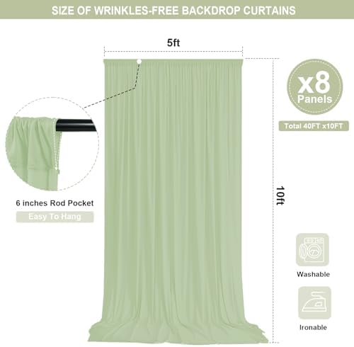 Sage Green Backdrop Curtain - 40x10FT Back Drop Curtains for Parties Wrinkle-Free Soft Polyester Backdrop Wedding Decorations Photoground Backdrop Stain-Resistant for Back Drop Stand, 8 Panels - Image 2