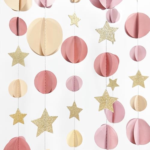 Champagne Gold Dusty Rose Pink Beige 3D Polka Dot Star Hanging Streamer Circle Dot Star Garland Banner for Birthday Bridal Shower Engagement Wedding Hen Party Decorations Supplies - Image 5