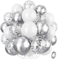 Silver and White Balloons, 12 Inch Metallic Silver White Latex Balloons Set Decor with Silver Confetti Helium Balloons for Boys Girls Birthday Party Baby Shower Wedding Graduation Party Decorations by Isndare