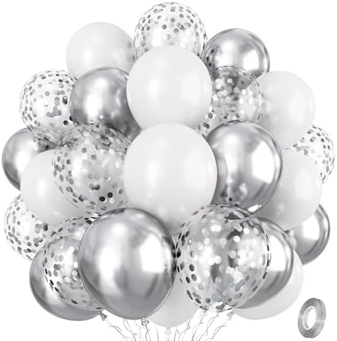 Silver and White Balloons, 12 Inch Metallic Silver White Latex Balloons Set Decor with Silver Confetti Helium Balloons for Boys Girls Birthday Party Baby Shower Wedding Graduation Party Decorations by Isndare