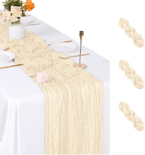 3 Pack Ivory Cheesecloth Table Runner, 17 x 108 inch, Semi Sheer Boho Cheese Cloth Fabric Table Runner Bulk for Wedding, Birthday, Party, Holiday, Home Decor (Ivory) by ACSUIT