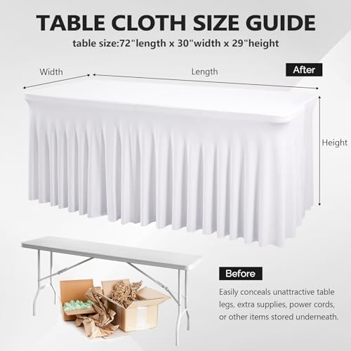Wish Care 6 Pack White Spandex Table Clothes for 6 Foot Rectangle Tables, 6FT Wrinkle Free Fitted Tablecloths Ruffles Design Table Cover for Party, Banquet, Wedding and Events - Image 3