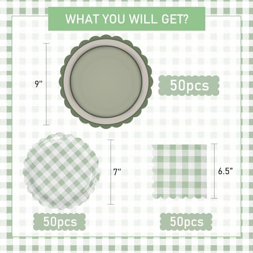 150 Pcs Sage Green Gingham Party Supplies, Green Plaid Scalloped Plates 9 Inch Disposable Checkered Dinner Dessert Plates and Cocktail Napkins for Birthday Wedding Baby Shower BBQ Party, Serve 50 - Image 2