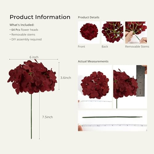 Auihiay 64Pcs Burgundy Hydrangea Artificial Flowers Bulk, Silk Hydrangeas - Image 3