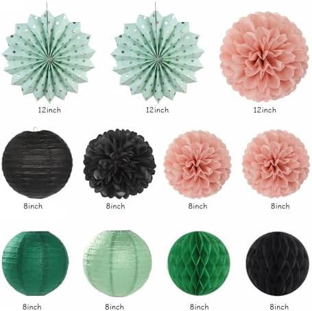 Sage-Green Blush-Pink Black Birthday Party-decorations - 21pcs Girls Woman Happy Banner Garland, Paper Streamers Lanterns,Flower Tissue Pom Poms Fan Supplies,Wall Backdrop Decor Huglony - Image 3