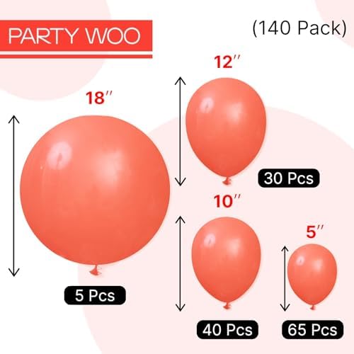 PartyWoo Coral Balloons 140pcs Pink Light Red Coral Color Different Sizes - Image 6
