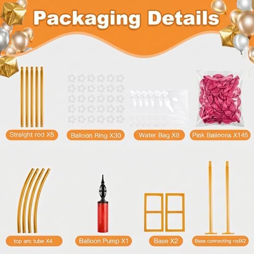 Balloon Arch Stand Kit Set with 145PCS Different Sizes Pink Balloons – Metal Wedding Backdrop Frame with 8 Water Bags, Gold Semi-Open Arch for Birthday, Baby Shower, Bridal Shower Decorations. - Image 2