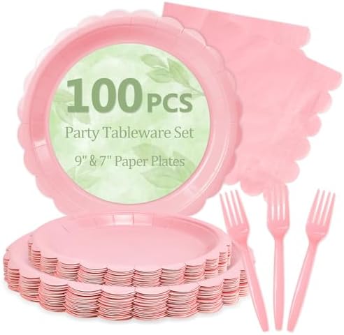 100 Light Pink Paper Plates and Napkins Disposable for Party, 25-9"&25-7" by Mulbozy