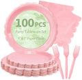 100 Light Pink Paper Plates and Napkins Disposable for Party, 25-9"&25-7" by Mulbozy