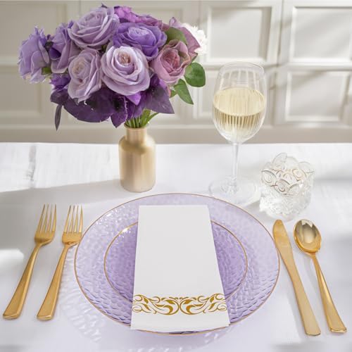 Rubtlamp 175 Pcs Purple Plastic Dinnerware Set (25 Guests), Clear Purple Plates With Gold Rim, Hammered Party Platos, Plates And Cups And Napkins Sets for Wedding, Party&Graduation - Image 3