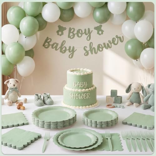 24 Set Sage Green Plates and Napkins, Green Disposable Dinnerware - Image 5