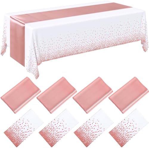 Breling 8 Pack White and Rose Gold Tablecloths and Satin Runners Set by Breling